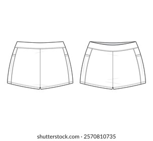 Active Performance Shorts Technical Fashion Illustration. Shorts Vector Template. Front and back View. Comfortable Fit. High-Waist Band. Functional Side Pockets. White Color. CAD Mockup.