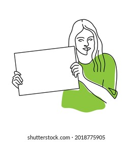 Active person keep banner. One line woman face. Vector Outline art with spots