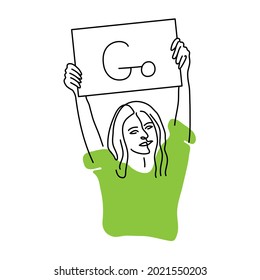 Persona activa mantenga el cartel. Cara de mujer de una línea. Arte de contorno de vector con manchas