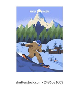 Active person snowboarding on mountain poster. People ride on board on snow slope on winter vacation. Sport tourism in ski resort on holidays. Extreme activity in snowy rocks. Flat vector illustration