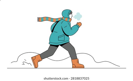 Active person walking fast outdoors in cold winter weather, wearing a warm blue jacket, scarf, and brown boots.