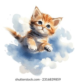 Active playful kitten watercolor style vector illustration. Cute pet, playful kitten, adorable cat drawing. Kitty pet.