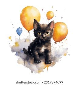 Active playful kitten watercolor style vector illustration. Cute pet, playful kitten, adorable cat drawing. Kitty pet.