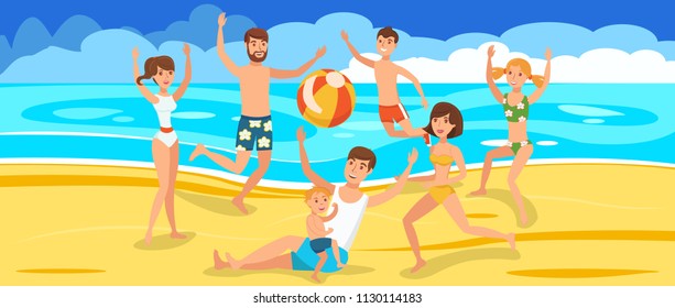 Active playing with Ball on Beach. Father and Son Play Ball in sand. Happy Friends relax on beach. Activitie Games in Sand. Family resting and playing Ball on Beach. Sunny Day on Beach.