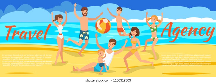 Active playing with Ball on Beach. Father and Son Play Ball in sand. Happy Friends relax on beach. Activitie Games in Sand. Family resting and playing Ball on Beach. Sunny Day on Beach.