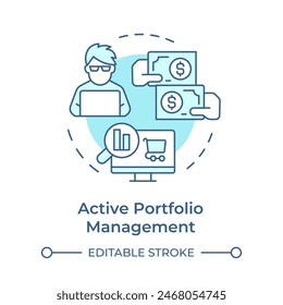 Icono de concepto de gestión de Cartera activa azul suave. Asesor financiero, corredor de bolsa. Ilustración de línea de forma redonda. Abstractas idea. Diseño gráfico. Fácil de usar en infografía, presentación
