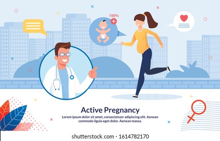 Active Pregnancy And Healthy Lifestyle Trendy Flat Vector Banner, Poster Template. Doctor Counseling Pregnant Woman, Lady Walking or Jogging, Doing Exercises, Preparing To Maternity Illustration