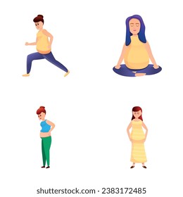 Active pregnancy icons set cartoon vector. Young woman pregnant character. Motherhood, healthy lifestyle