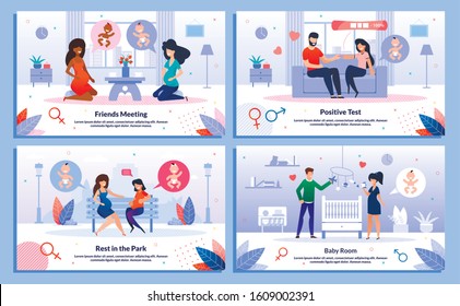 Active Pregnancy, Pregnant Woman Family and Friends Relationships Trendy Flat Vector Banner, Poster Set. Woman Meeting with Friend, Decorating Baby Room,Telling Husband About Pregnancy Illustration