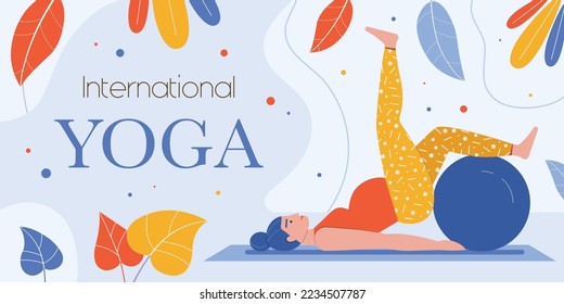 Active pregnant woman doing fitness exercises using fitball horizontal banner. Prenatal yoga practice workout with gymnastic ball. Happy pregnancy concept. Header, banner or poster template design.