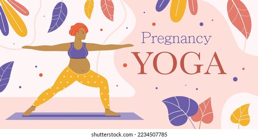 Active pregnant woman doing yoga asana horizontal banner. Red-haired female standing in Warrior 2 pose. Prenatal yoga practice workout. Happy pregnancy concept, banner or poster template design.