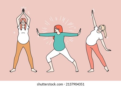 Active pregnant women do morning exercises follow healthy lifestyle. Energetic sportive girl enjoy pregnancy do sports train or workout. Pilates and stretching. Motherhood. Vector illustration. 