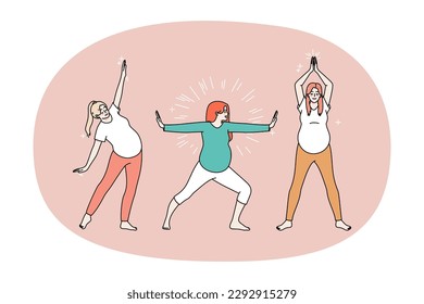 Active pregnant women do morning exercises follow healthy lifestyle. Energetic sportive girl enjoy pregnancy do sports train or workout. Pilates and stretching. Motherhood. Vector illustration.