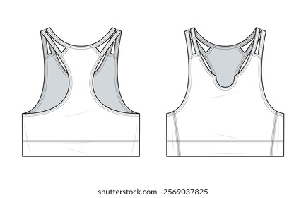 Active Racerback Sports Bra technical fashion illustration. Sports bra vector template illustration. Front and back view. Slim fit. Scoop neckline. Activewear. White color. CAD mockup set.