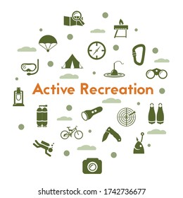 Active recreaion icons set on white background. Camping, hiking and swimming vector pictograms.