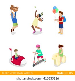 Active recreation amusement park fun sports teenagers children flat 3d isometric web infographic concept vector icon set. Jumping tennis electric car attraction kick board. Creative people collection.