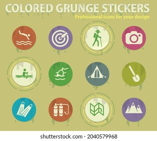 Active recreation and camping colored grunge icons with sweats glue for design web and mobile applications