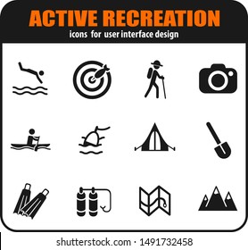 Active recreation and camping icon set for user interface design