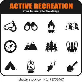 Active recreation and camping icon set for user interface design