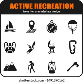 Active recreation and camping icon set for user interface design