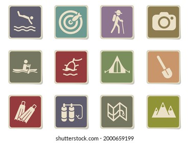 Active recreation and camping paper stickers icon set for user interface design
