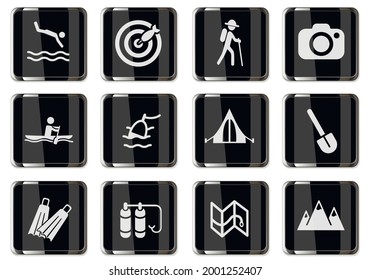 Active recreation and camping pictograms in black chrome buttons. icon set for user interface design