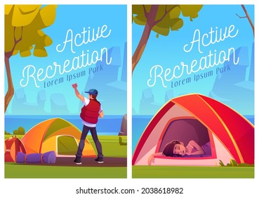 Active recreation cartoon posters, tourists at camping tents enjoying summer time vacation, travelers on nature landscape with trees and sea scenery view, hiking or travel activity Vector illustration