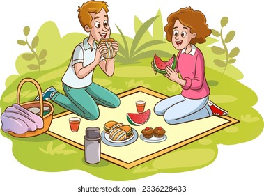 active recreation family with children. Having picnic on sitting blanket,quality time together, walking, spending time, having fun, together in park on green lawn.