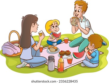 active recreation family with children. Having picnic on sitting blanket,quality time together, walking, spending time, having fun, together in park on green lawn.