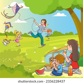 active recreation family with children. Having picnic on sitting blanket,quality time together, walking, spending time, having fun, together in park on green lawn.