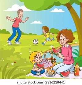 active recreation family with children. Having picnic on sitting blanket,quality time together, walking, spending time, having fun, together in park on green lawn.