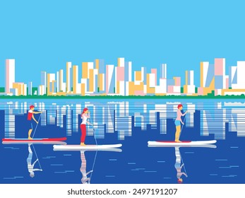 Ocio activo de un grupo de turistas en tablas de SUP en un lago con una ciudad moderna al fondo. Ilustración vectorial de dibujo hecho a mano. Se puede utilizar para carteles, Anuncios, postales, etc.