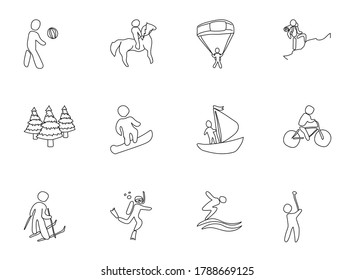 iconos de vector lineal dibujados a mano de recreo activos aislados en fondo blanco. conjunto de iconos de doodle de recreación activa para diseño web y ui, aplicaciones móviles y productos de impresión