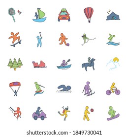 active recreation hand drawn linear doodles isolated on white background. active recreation icon set for web and ui design, mobile apps and print products