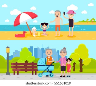 Active recreation horizontal banners with travelling relaxing and walking pensioners in flat style vector illustration