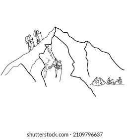 Active recreation in the mountains, camping hiking, climbing, adventure. Vector graphic.