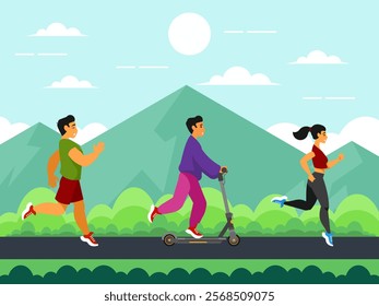 Active recreation in nature. Man riding kick scooter, pushing with foot. Running man. Cardio workout. Running woman. Country road against the backdrop of a mountain landscape