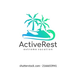 Active recreation on a jet ski logo design. Water scooter at tropical beach vector design. Watercraft at hot summer resort day logotype