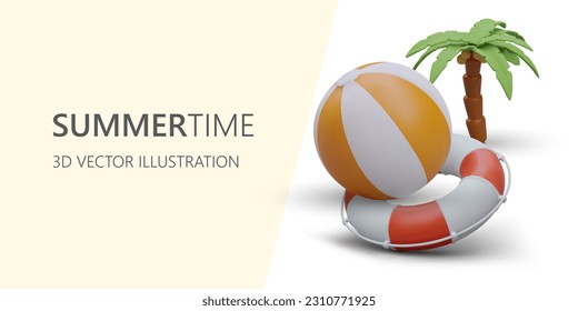 Active recreation at sea resort. Safe games in pool. Relax on ocean beach. Vector concept about pleasant family summertime. Summer vacation advertising template with 3D illustration