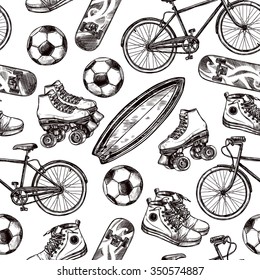 Active recreation seamless pattern with sketch skateboard soccer ball and shoes vector illustration