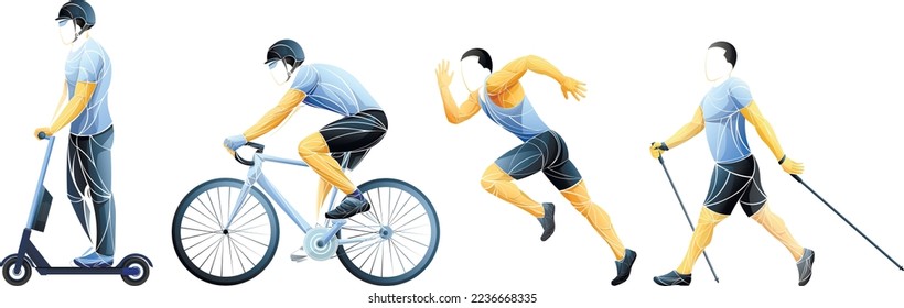 Active recreation set. Geometric cyclist, runner, sport walking, electric scooter