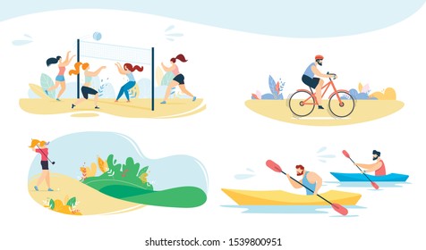 Active Recreation, Sport Activities and Outdoor Games Flat Set. Cartoon Friends Playing Volleyball and Golf, Man Cycling, People Rowing on Kayak and Canoe. Vacation Summer Time. Vector Illustration