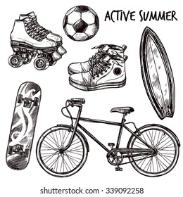 Active recreation and sport equipment sketch set isolated vector illustration