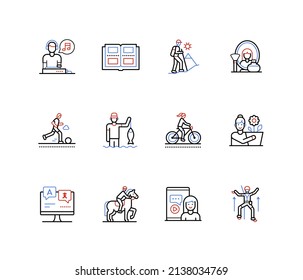 Active recreation and sports - line design style icons set with editable stroke. DJ, mountain climbing, football, fishing, makeup, cycling, gardening, learn Chinese, horse rider, blogger. Hobby idea