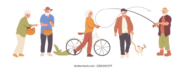 Active recreation time for elderly people set with happy old man and woman hobby and leisure