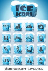 active recreation vector icons frozen in transparent blocks of ice