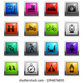 active recreation vector icons in square colored buttons