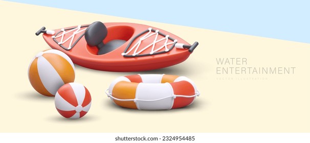 Active recreation, water entertainment. 3D kayak, striped balls, lifebuoy in cartoon style. Background in beach colors. Sale and rental of equipment. Concept for tourism business