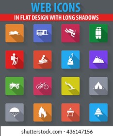 Active recreation web icons in flat design with long shadows