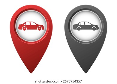 Puntero o marcador de mapa gris rojo e inactivo activo con icono de coche
